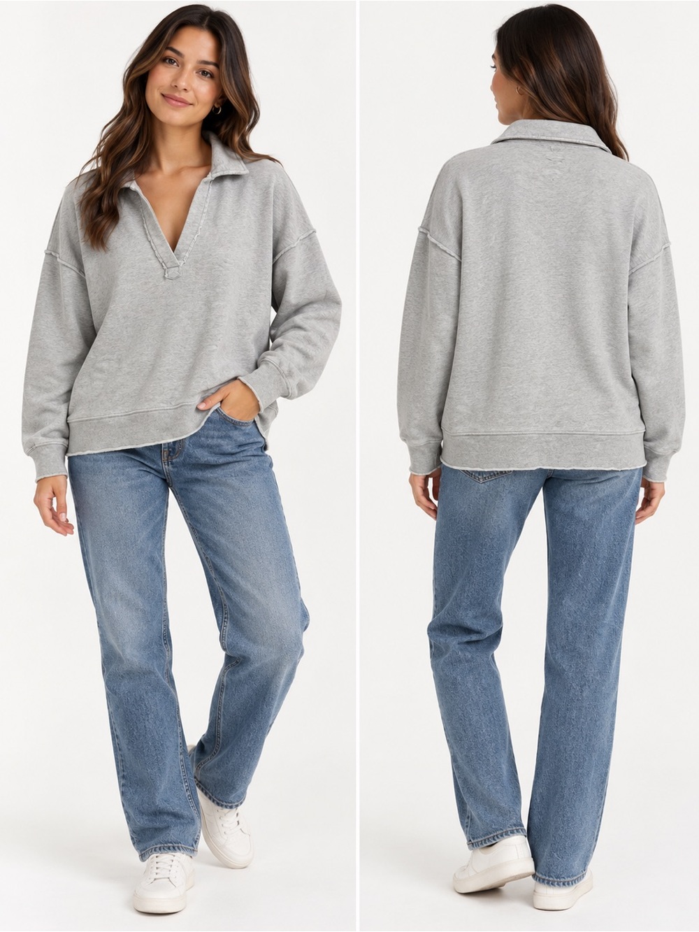 aerie Light Gray V-Neck Collared Pullover Sweater S